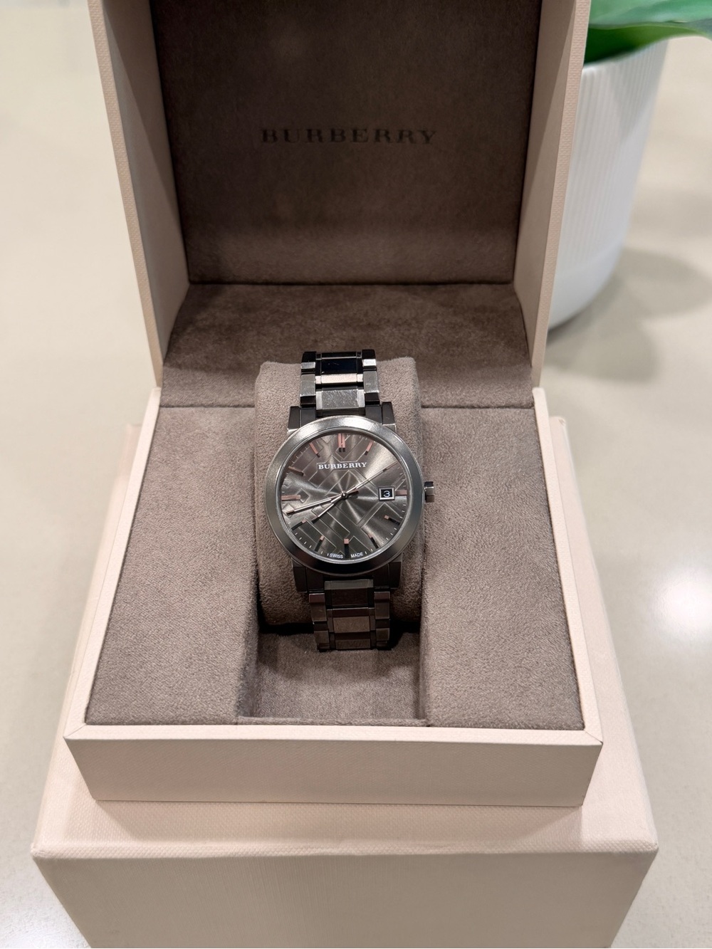 Burberry Watch in Dark Nickel with Check Pattern Dial BU9007